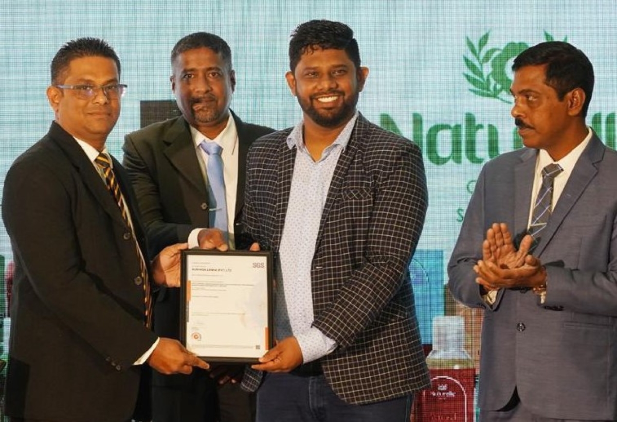 Image: (from left to right) Mr. Chamika Wimalasiri - Country Manager of SGS Lanka, Mr.Darshana Dias - Factory Manager Aushada Lanka (PVT)  Ltd, Ayurvedic Dr. Priyadarshana Benthotaarachchi   - CEO of Aushada Lanka (PVT) Ltd, Hon. Prasanna Ranaweeera - State Minister of Small and Medium Enterprises Development. 